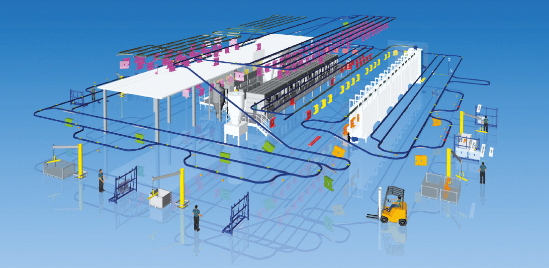 Simulation hängende Fördertechnik Power&Free bei Kewesta