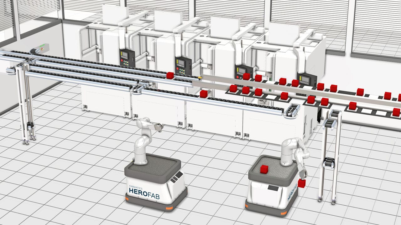 Materialflusssimulation mit freifahrendem Robotersystem bei Fabmatics