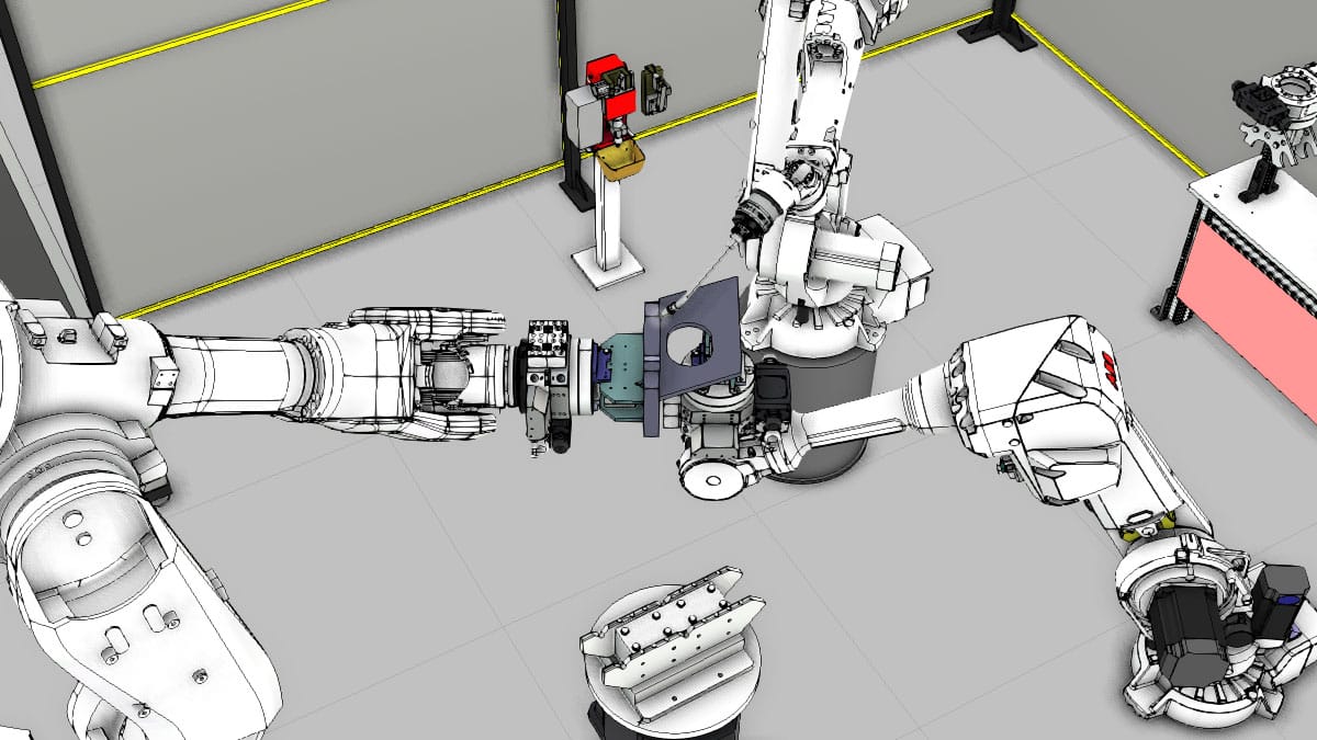 Typisches Szenario für Offline-Roboterprogrammierung: Vorrichtungsloses Schweißen mit mehreren Robotern simuliert am digitalen Zwilling mit Visual Components OLP